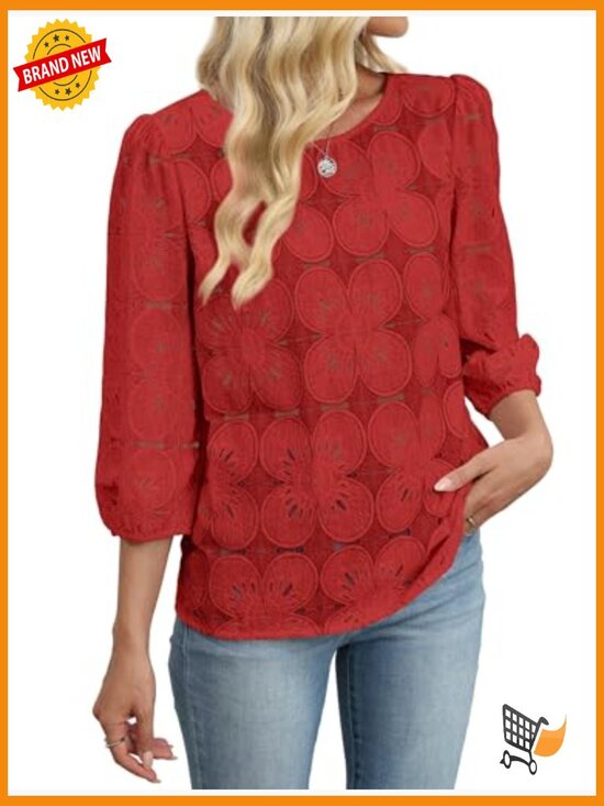 Eyelet Lace 3/4 Sleeve Peasant Top, Lightweight Blouse for Spring Summer - Picture 4 of 7